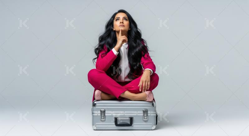 Stylish woman contemplates her business journey while sitting on a suitcase.
