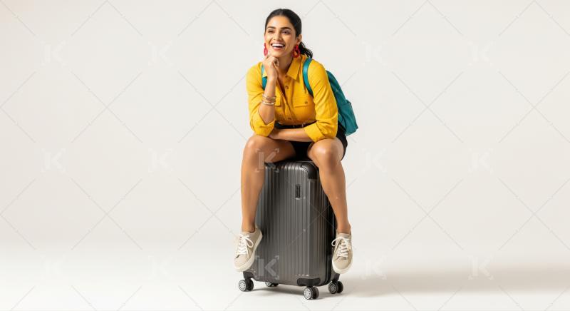Happy young Indian woman on suitcase, eagerly awaiting her journey.