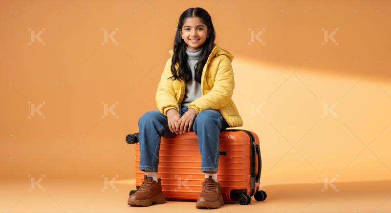 A cheerful young girl sitting on an orange suitcase, ready to travel.