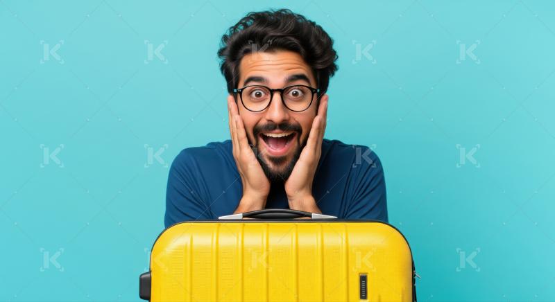 A man's thrilled face, hands on cheeks, ready for adventure.