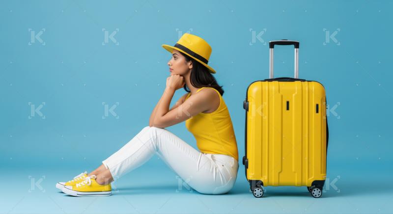 Pensive woman waits patiently beside her vibrant yellow travel bag.