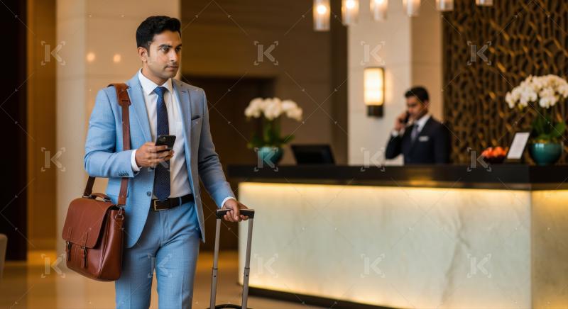 A professional man with luggage in a modern hotel lobby.