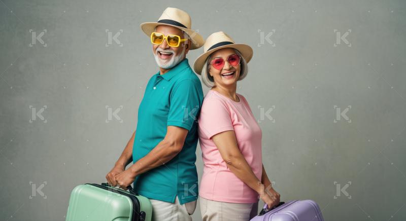 Cheerful senior couple excited for vacation, holding colorful luggage.