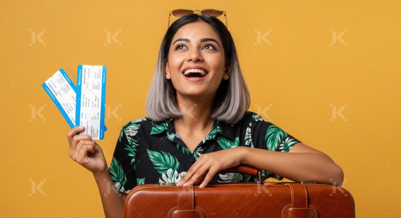Happy woman holds airline tickets, ready for exciting journey ahead.
