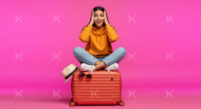 Excited woman prepared for her adventurous trip on pink background.