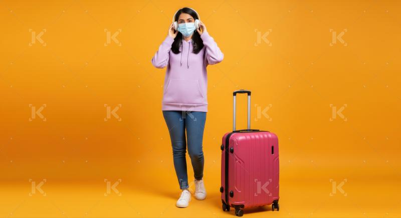 Young Indian woman ready for safe travel with mask and headphones.