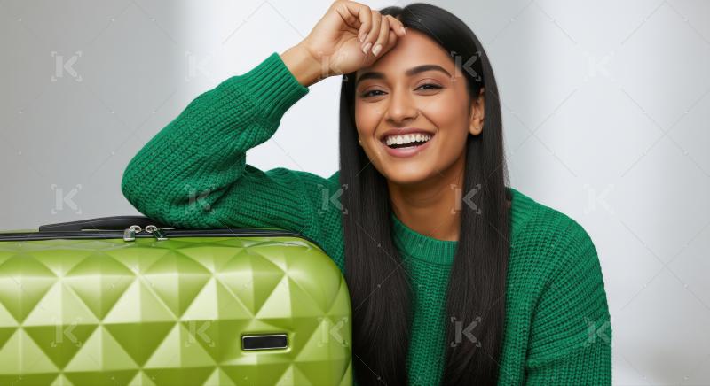 Joyful woman poses with bright green Samsonite travel suitcase.