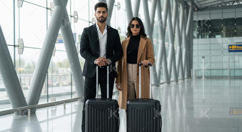 Elegant man and woman with baggage in contemporary airport hall.