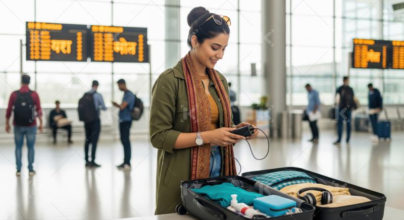Smiling woman charging device while organizing suitcase in modern airport.