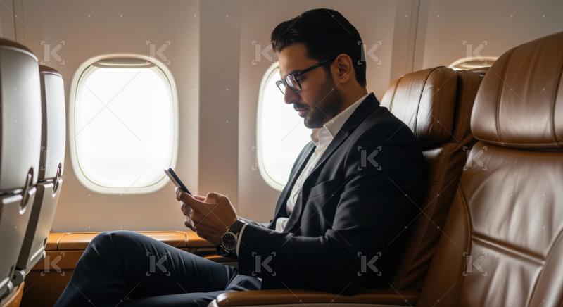 Business traveler focused on smartphone during flight beside window.