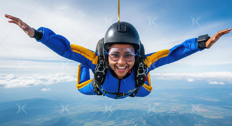 Smiling woman enjoys thrilling skydiving adventure above beautiful landscape.