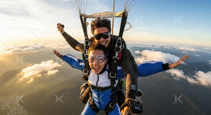 Two happy skydivers experiencing an incredible, thrilling freefall above clouds.