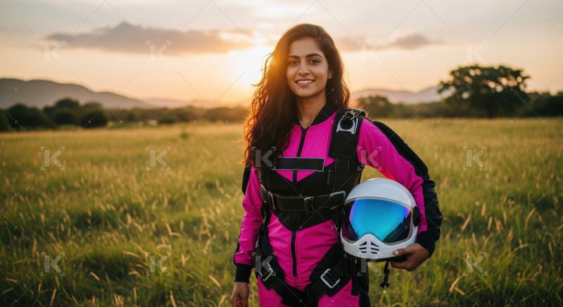 Confident woman in pink skydiving suit prepares for adventure.