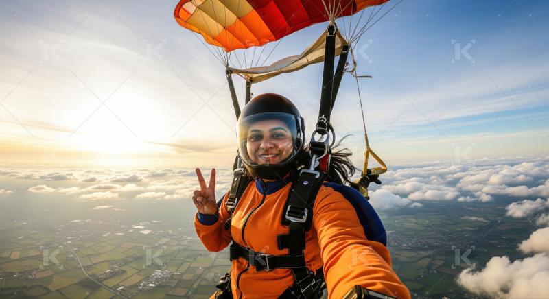 Smiling woman skydiving, peace sign, enjoying breathtaking view above clouds.