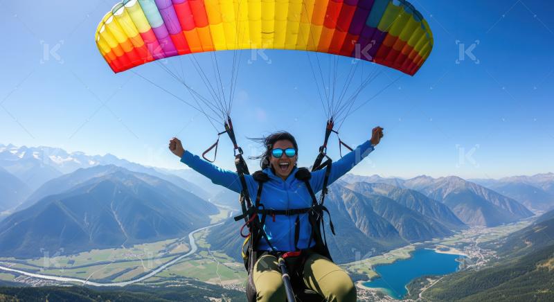 Happy paraglider enjoying adventurous flight above stunning mountain lake valley.