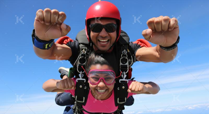 Two happy skydivers enjoying an exhilarating tandem jump experience.