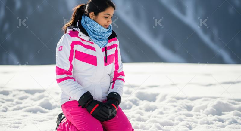 Young woman in colorful ski gear kneeling in snow