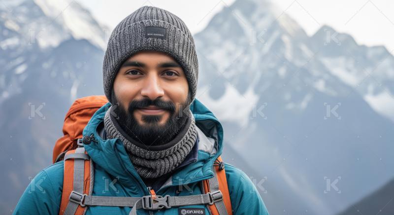 Bearded Hiker Smiling in Mountains with Backpack