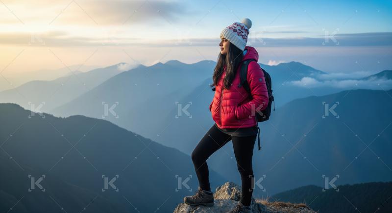 Woman Hiker Enjoying Mountain View at Golden Hour