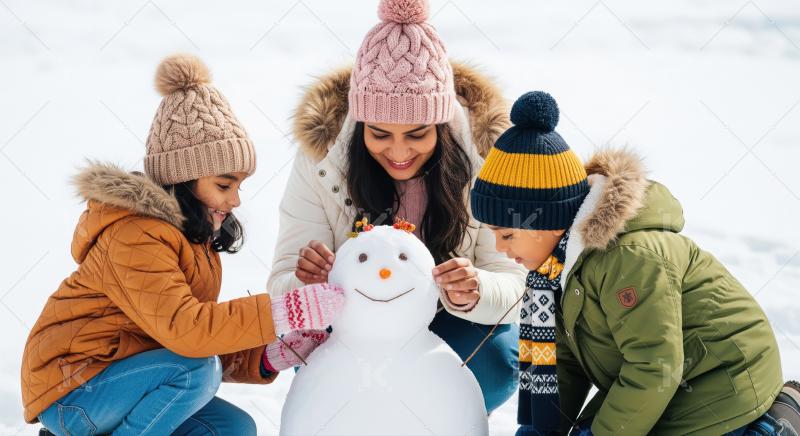 Joyful Family Building a Snowman on a Bright Winter Day