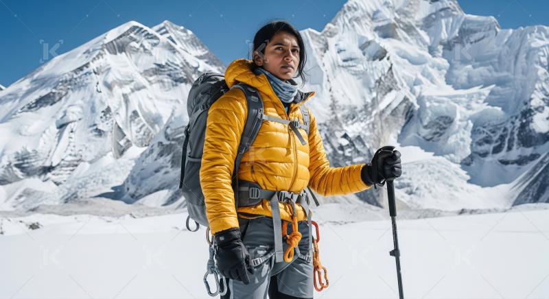 Woman mountaineer exploring snowy Himalayas with trekking pole