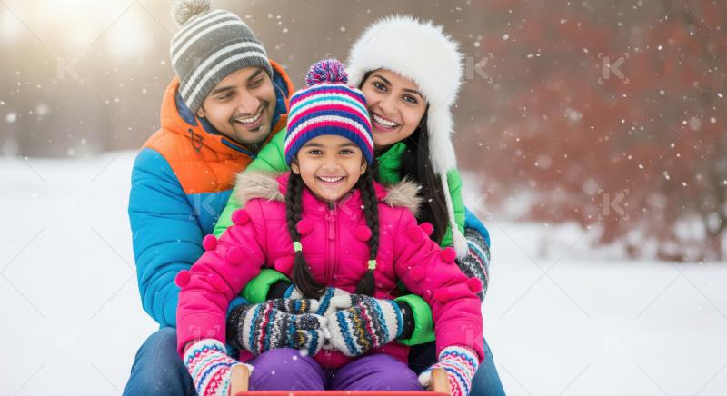 Happy Indian Family Enjoying Winter Snow Sledding Together