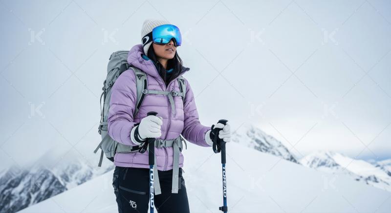 Woman Hiker on Snowy Mountain Peak with Trekking Poles