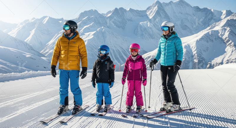 Happy Family Skiing on Pristine Mountain Slope
