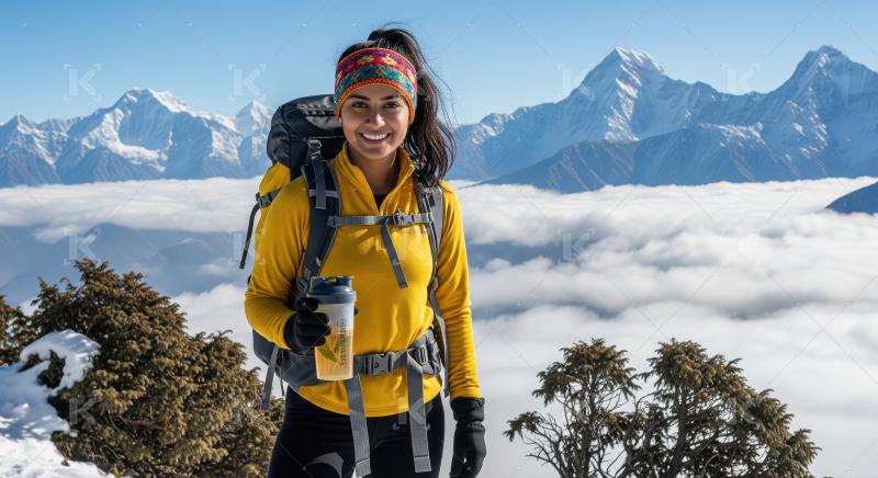 Woman Hiker Smiling in Snowy Mountains Above Clouds