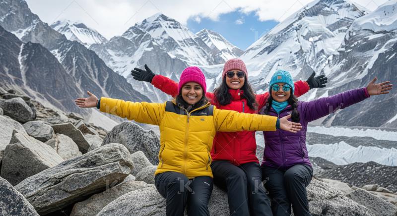 Three happy women hiking amidst majestic snowy mountain landscap