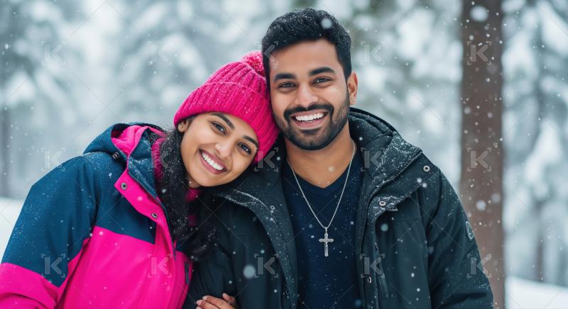 Happy Young Couple Enjoying Winter Wonderland Together