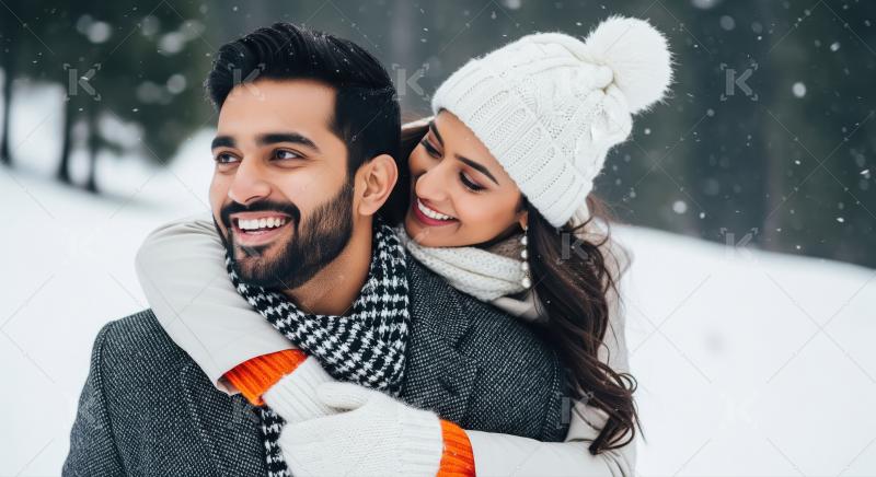 Romantic Couple Embracing Joyfully in Snowy Winter Forest