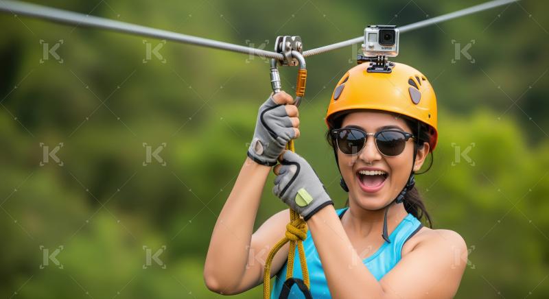 Excited Woman Ziplining, Capturing Thrilling Adventure with Acti