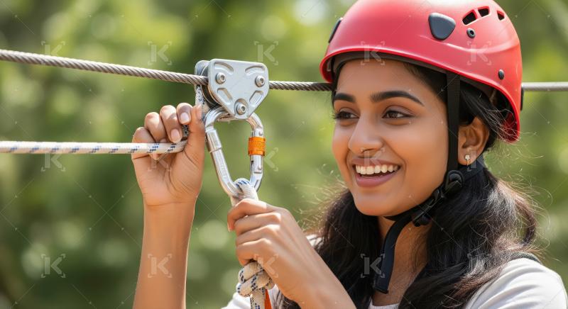 Happy Indian Woman Ready for Ziplining Adventure in Nature