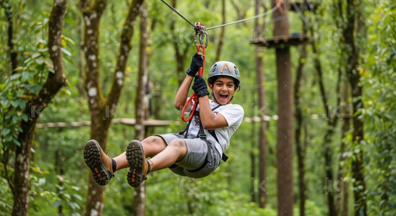 Excited Boy Zip-Lining Through Lush Green Forest Adventure Park