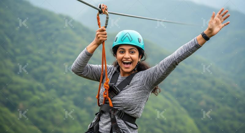 Thrilled Young Indian Woman Ziplining Through Lush Green Mountai