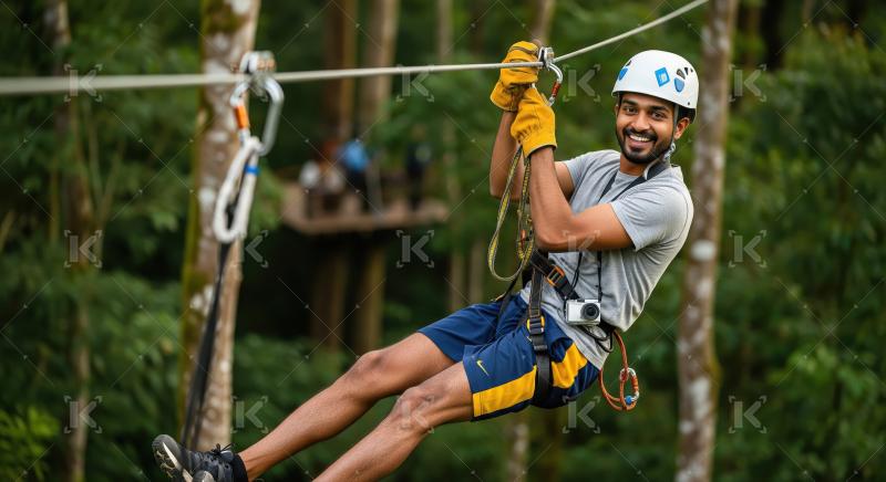 Smiling Man Enjoys Thrilling Zipline Ride in Nature
