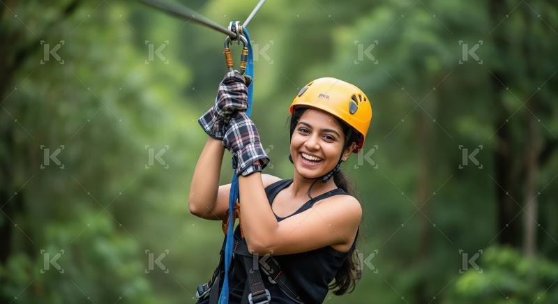 Happy Woman Ziplining Through Green Forest Adventure