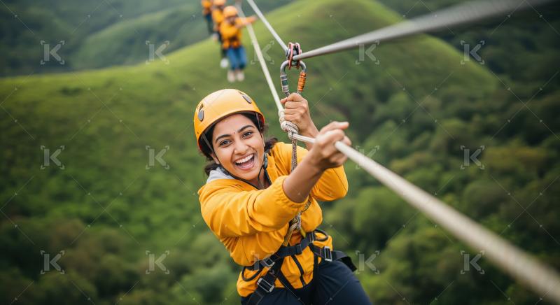 Thrilled Woman Experiences Ziplining Fun in the Outdoors