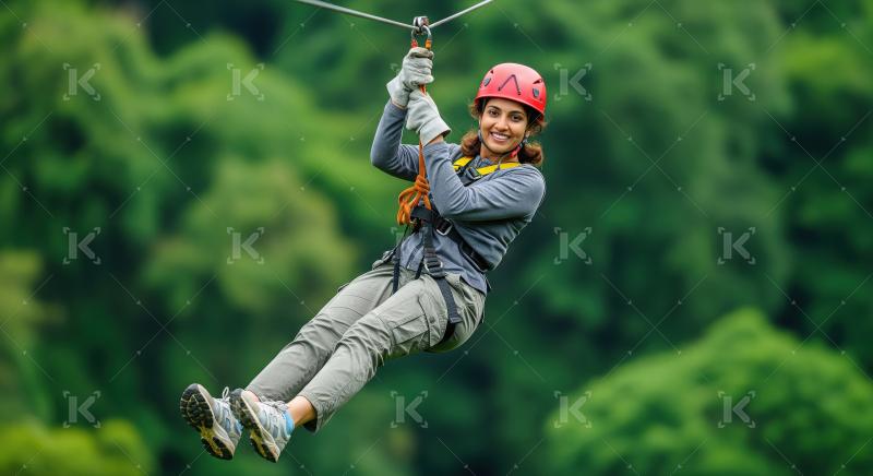 Happy Woman Ziplining Through Lush Green Forest Adventure