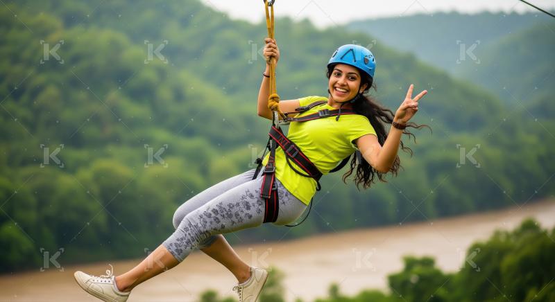 Joyful Indian Woman Enjoying Zipline Adventure in Lush Nature