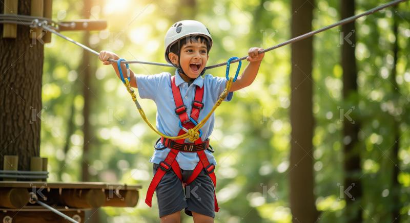 Happy Boy on Ropes Course Adventure in Sunny Forest