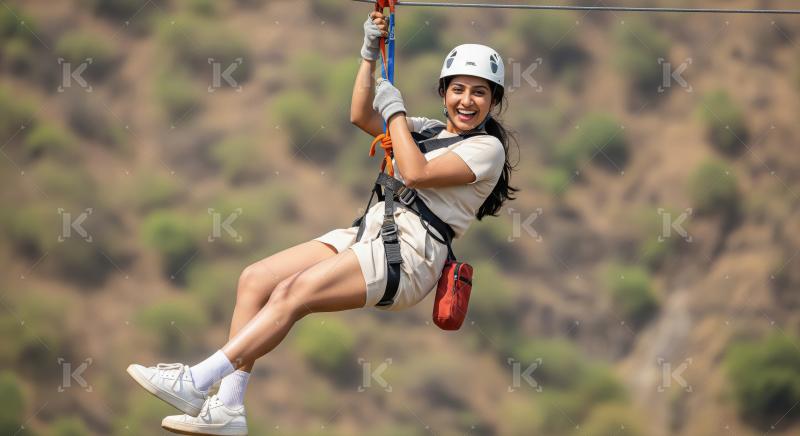 Joyful Woman on Zipline, Adventure in Nature