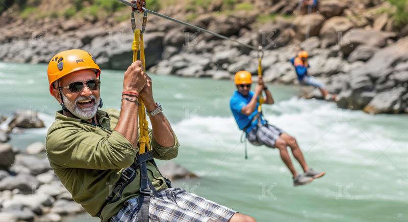 Man Enjoying Thrilling Zip Line Adventure Over River