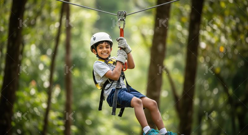 Happy Young Boy Ziplining Through Lush Green Forest Adventure