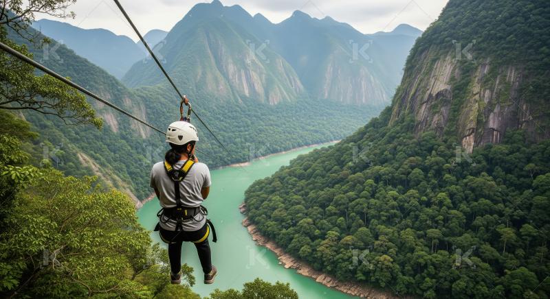 Zip-lining adventure over a stunning mountain valley with turquo