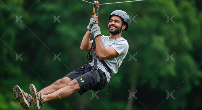 Happy Man Ziplining Through Green Forest on Outdoor Adventure