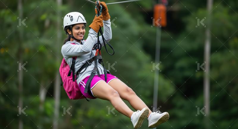 Happy Woman Zip-lining Through Lush Green Forest Adventure