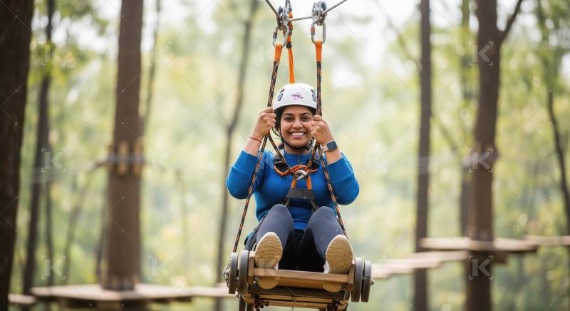 Joyful Woman Zip-Lining Through Forest Adventure Park