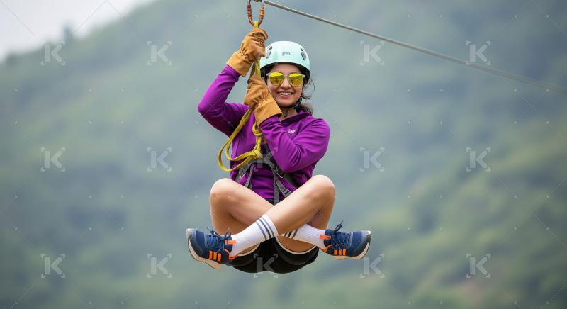 Young Woman Zip-lining with a Big Smile Outdoors